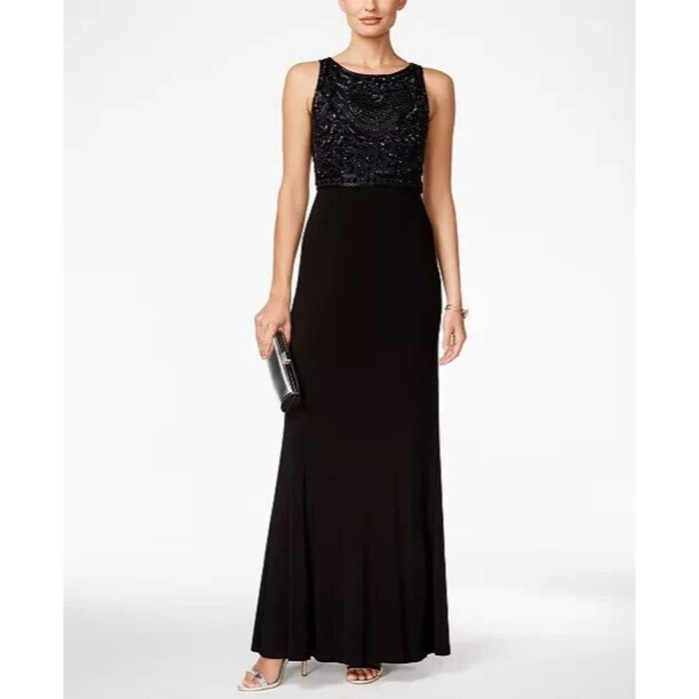 Adrianna Papell Women Sz M Black Beaded Bodice Jersey Gown Dress, Women - READ